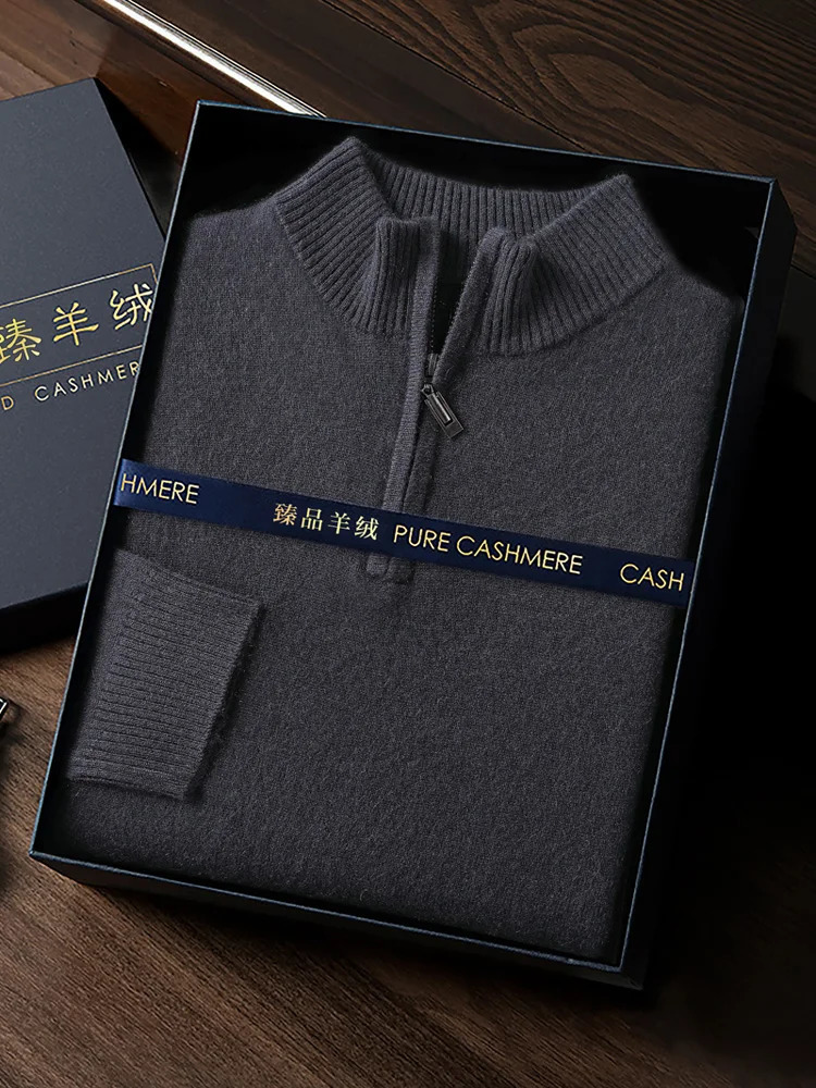 CHICUU Mens 100 Cashmere Sweater Zipper Pullover Mock Neck Long Sleeve Basic Cashmere Knitwear Autumn Winter Clothing Tops 251205