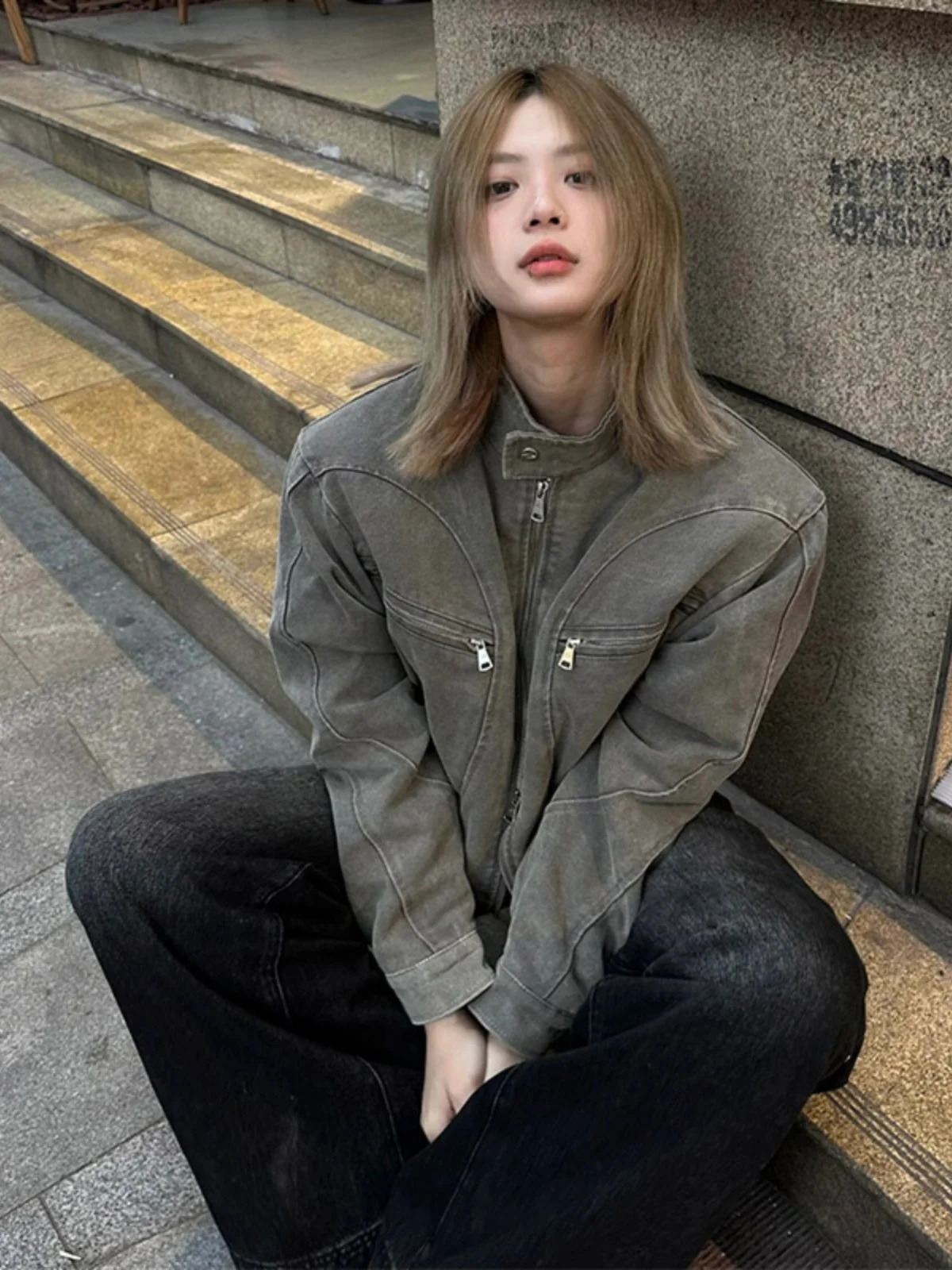 Retro American Vintage Waed Denim Jaet Mens Spring Autumn Stand Collar Zipper Decorated Loose Fit Long Sve Youth Faion 251129