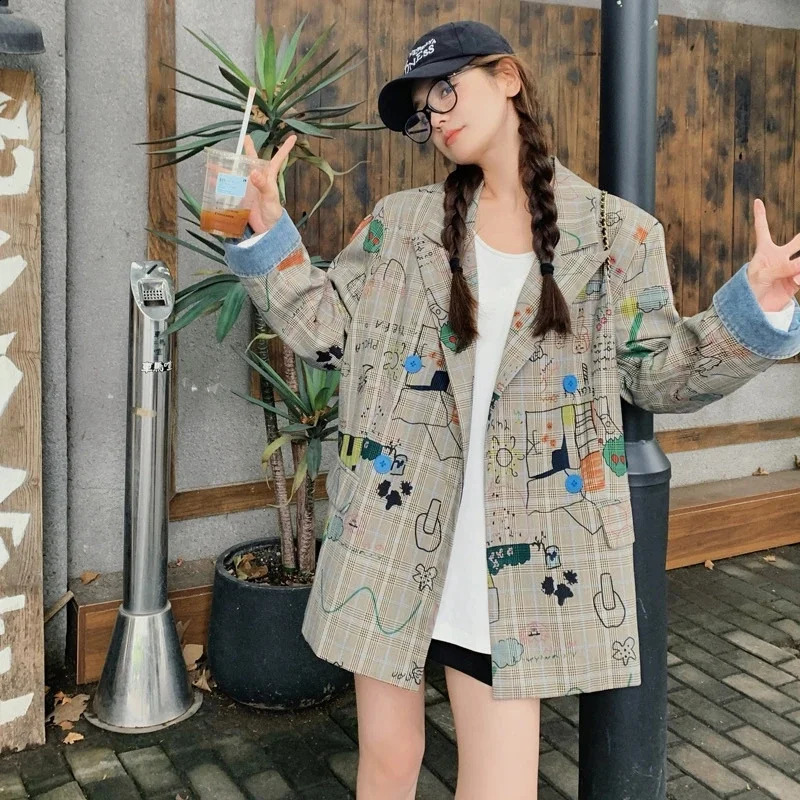Small niche Grid Graffiti Printed Jacket 2025 Spring and Autumn Style Shoulder Loose Casual Korean Version Medium Long Suit 251201
