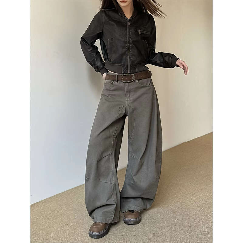 Jeans da donna a scimitarra a gamba larga con silhouette Melard, nuovi pantaloni casual larghi a pieghe retrò americani per la primavera e l'autunno
