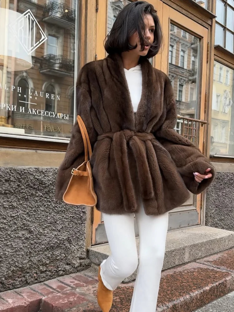 Women Fashion Elegant Lace Up Faux Fur Jacket Plush Vneck Long Sleeve Loose Warm Jackets Lady Winter Commute Street Coats 251209