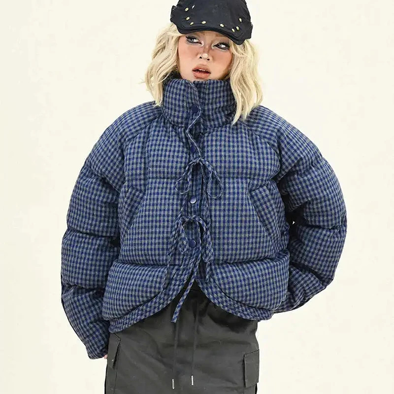 Retro plaid Lace Thickened Short Parkas For Women American Autumn And Winter Fashion Korean Style Loose Casual Button Jackets 251205