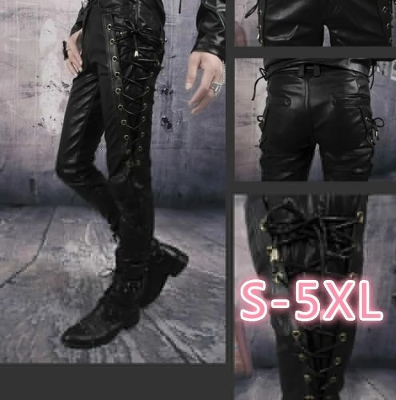 Mens Black Thick Leather Side Laces Up Jeans Style Long Pant Motorcycle Leather Trousers Leather Motorcycle Pants 251205