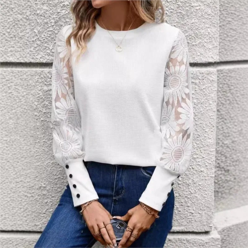 White Elegant Womens Round Neck Office Fashionable Shirt Autumn And Winter Casual Lace Cuffs Long Sleeved Button Up Blouse 251209