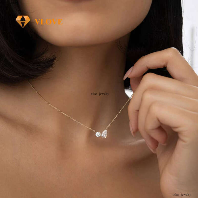 VLOVE Gold Statement Jewelry 1.55 Ctw Round Pear Cut 14k Lab Grown Party VVS Moissanite Necklace