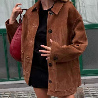 European And American Women's Fashion Autumn Winter Classic Retro Turn-Down Collar Trendy Korean Style Suede Jacket Coat B5