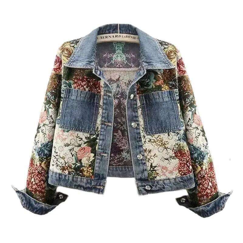 2026 Spring Autumn New Printing Short Denim Jacket Women Fashion Loose Leisure Coat Patchwork Button Vintage Outerwear Female