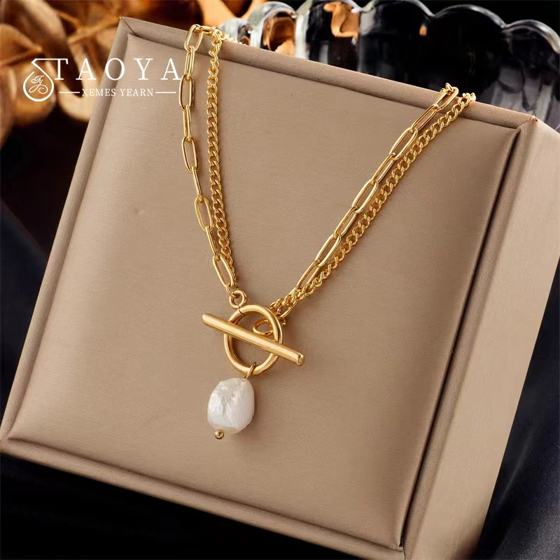 Double Layer Stainless steel Gold Color Chain Baroque Pearl Pendant Necklace Trendy Jewelry for Women Sexy Collarbon 251205