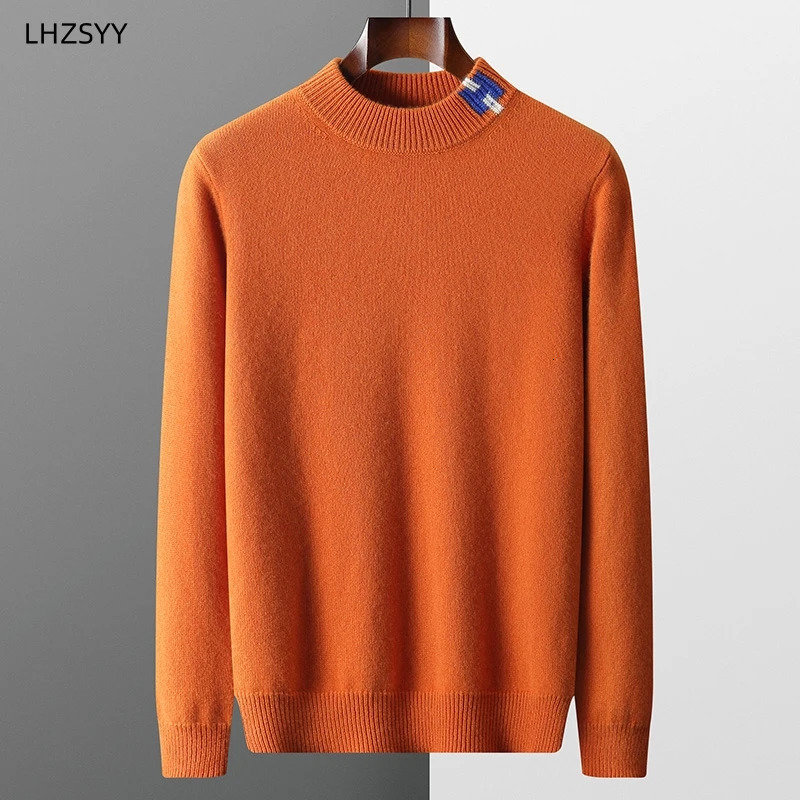LHZSYY Mens Cashmere Sweater Autumn Winter Semi-High Neck Pullover Warm Color Matching Knit Base Shirt Loose Thicken Jumper 251205