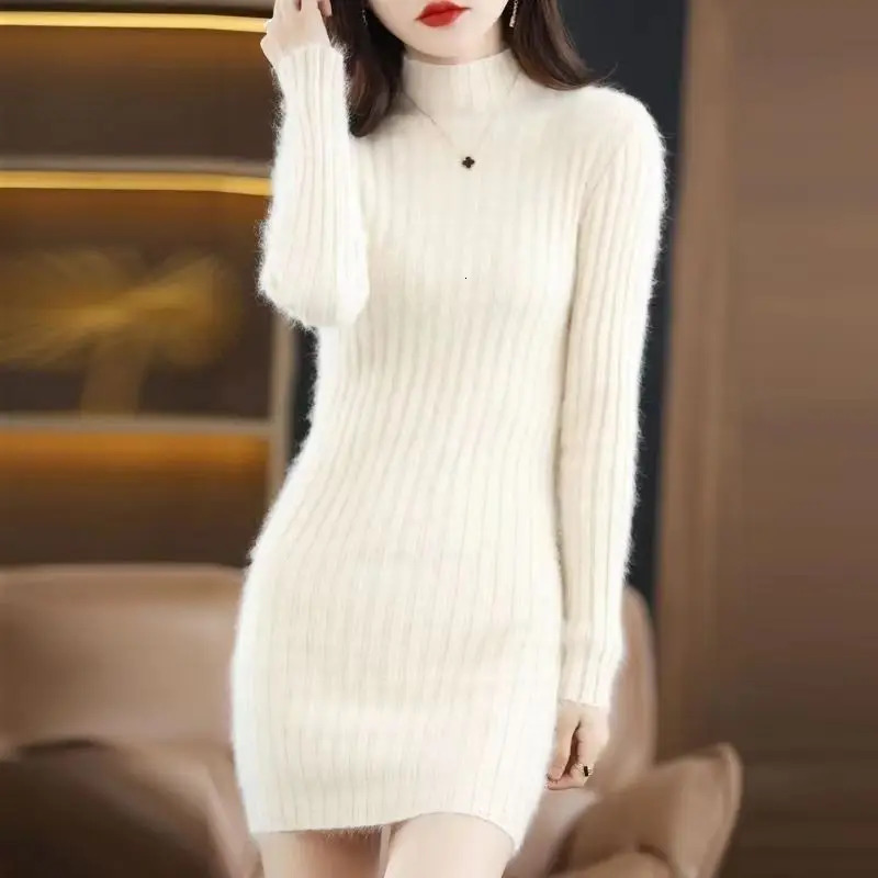 Mink Fur Chic Fashion Sweater Dress Autumn Winter Women Autumn Half High Collar Loose Pullover Korean Knitted Dresses 251205