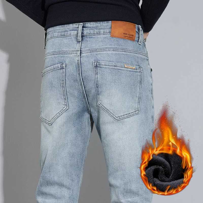 Fashion Winter Men Stretch Fleece Jeans Comfortable Thick Warm Straight Casual Velvet Business Trousers Male Plush Denim Pants M251209