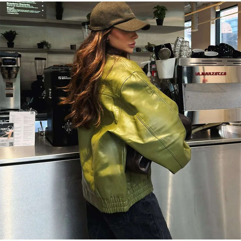 European And American Autumn Winter Women's Jacket, Unique Street Style Retro Green Turn-Down Collar Leather Jacket For Women B5