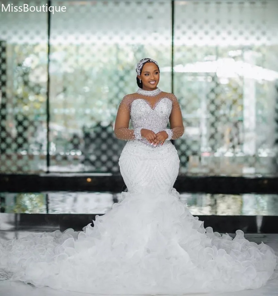 African Plus Size Wedding Dresses Bridal Gowns Mermaid Bridal Gowns For Bride Long Sleeves High Neck Beaded Lace Crystals Ruffles Gowns For African