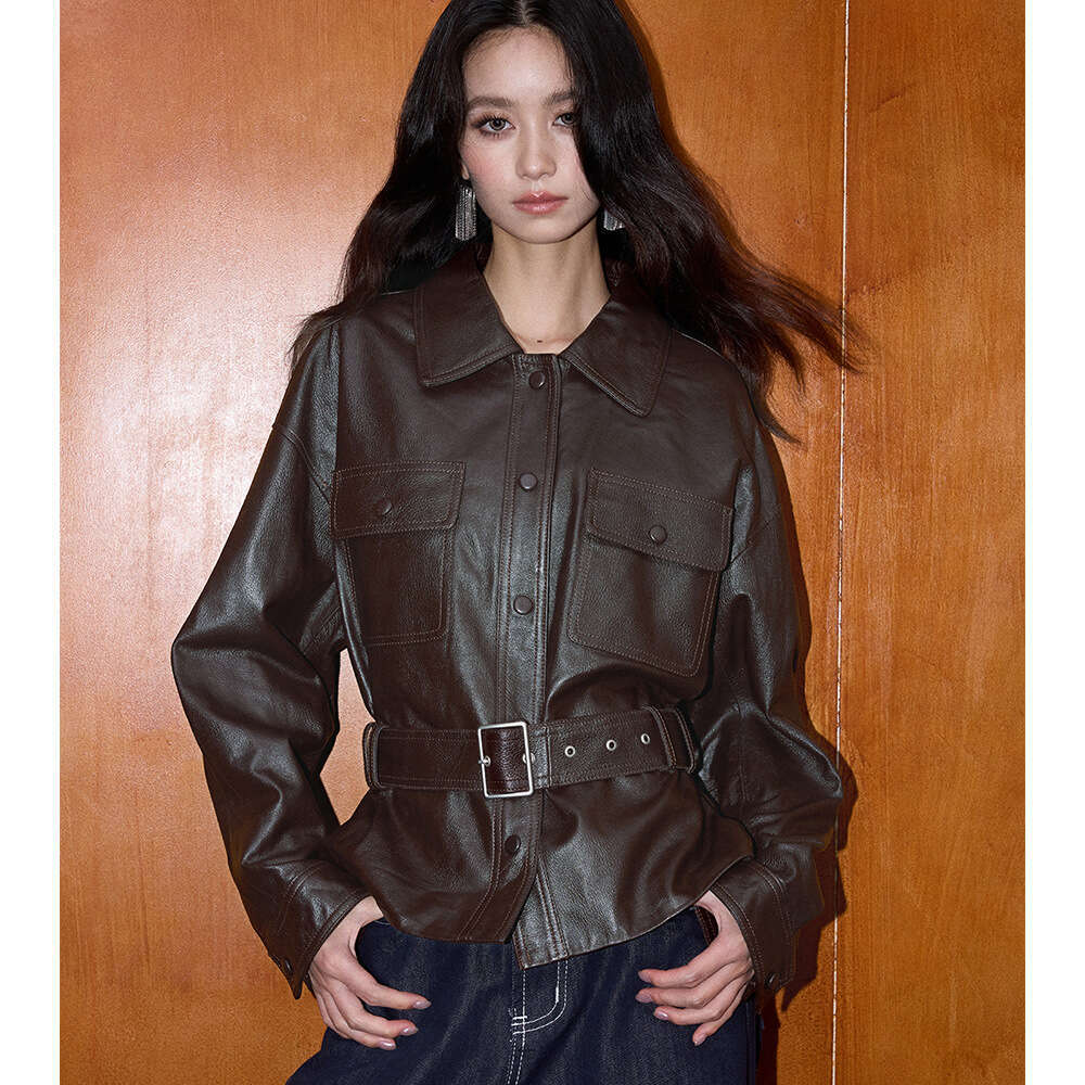 Autumn Winter New Retro Motorcycle Style Belt PU Modern Feel Oversized Black Short Leather Jacket Coat Luxury