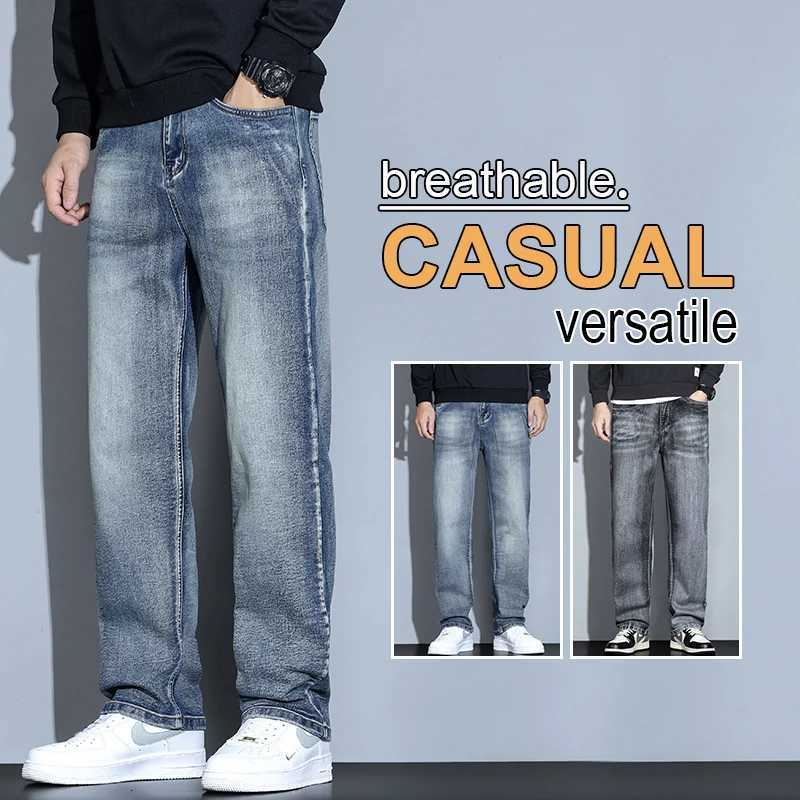 Mens Washed Distressed Loose Straight Wide Leg Jeans 2025 Autumn Winter High End Versatile Casual Pants Plus Size 38 M251209
