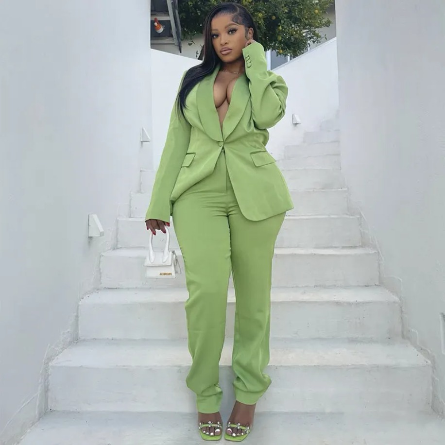 Green Women Suit Evening Dress V-Neck New Party Prom Gowns Solid Color 2-Pieces Coat Pants Prom Dress Plus Size Customized vestidos de novia 1209
