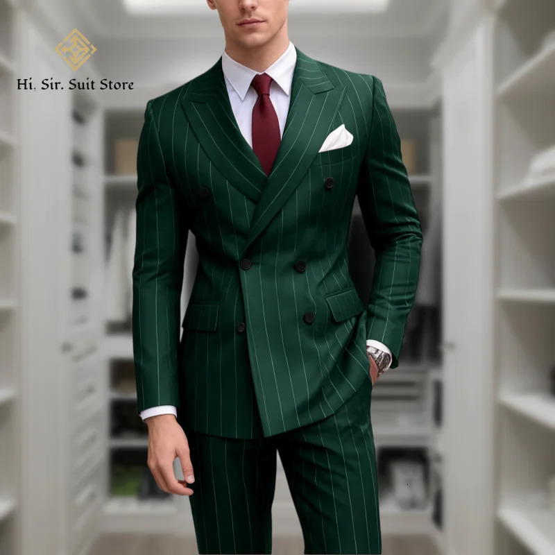 Mens 2-Piece Suit Plus Size Blazer European American Fashion Striped Double-Breasted Suit Custom-Made Small Batch Blue Jacket 251203