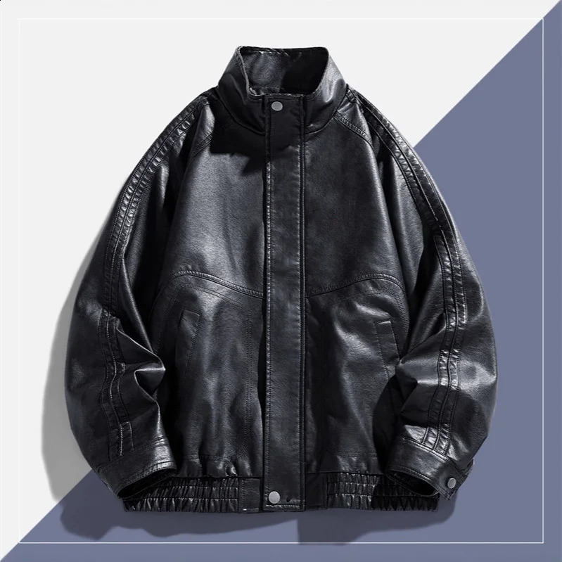 Autumn Man Leather Jacket Streetwear Motorcycle Punk Male Outerwear Stand Collar Long Sleeve Zipper Oversize Men Bomber Coat 251205BJ