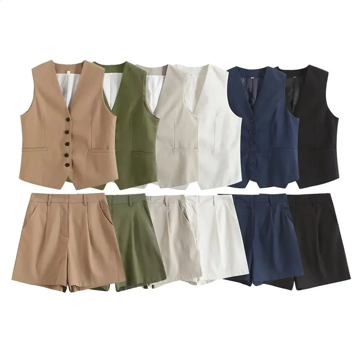 BWQ Summer Casual Short Sets for Women Cotton Linen Sleeveless Button Vest Shorts Sets for Office Lady 251204