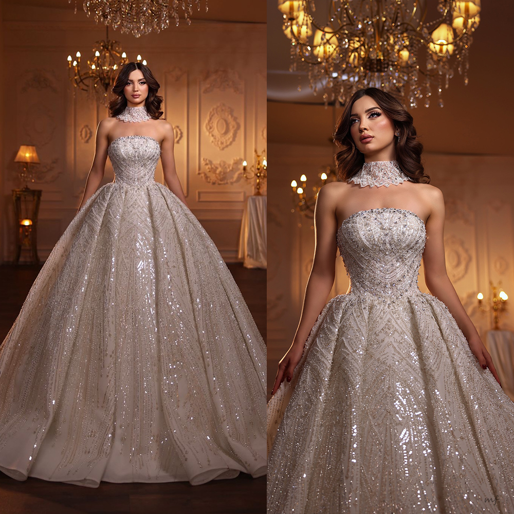Gorgeous Wedding Dresses Strapless Rhinestone Bridal Ball Gowns Sequins Pearls Sleeveless Princess Customized Vestidos De Novia Plus Size