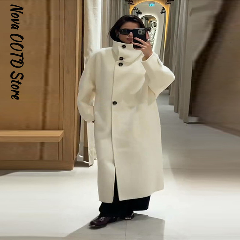 Elegant Stand Collar Overcoat Women Single Breasted Full Sleeve Solid Long Loose Coats Autumn Winter Chic Warm Lady Outwear 251201