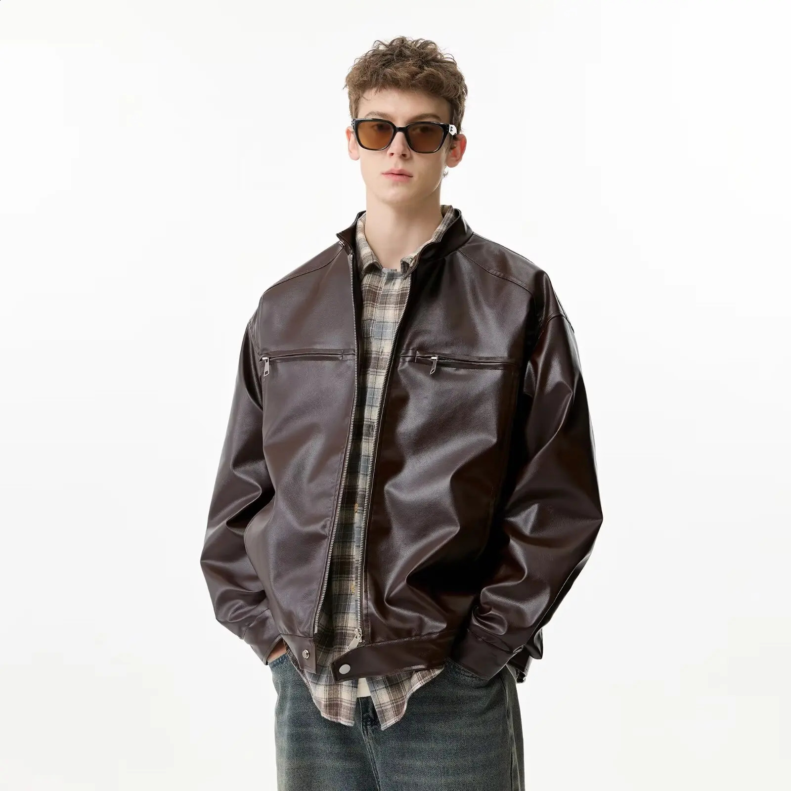 Mens Retro Street Zipper Pu Leather Jacket Vintage Leather Motorcycle Jacket Windproof and Warm Jacket 251205BJ