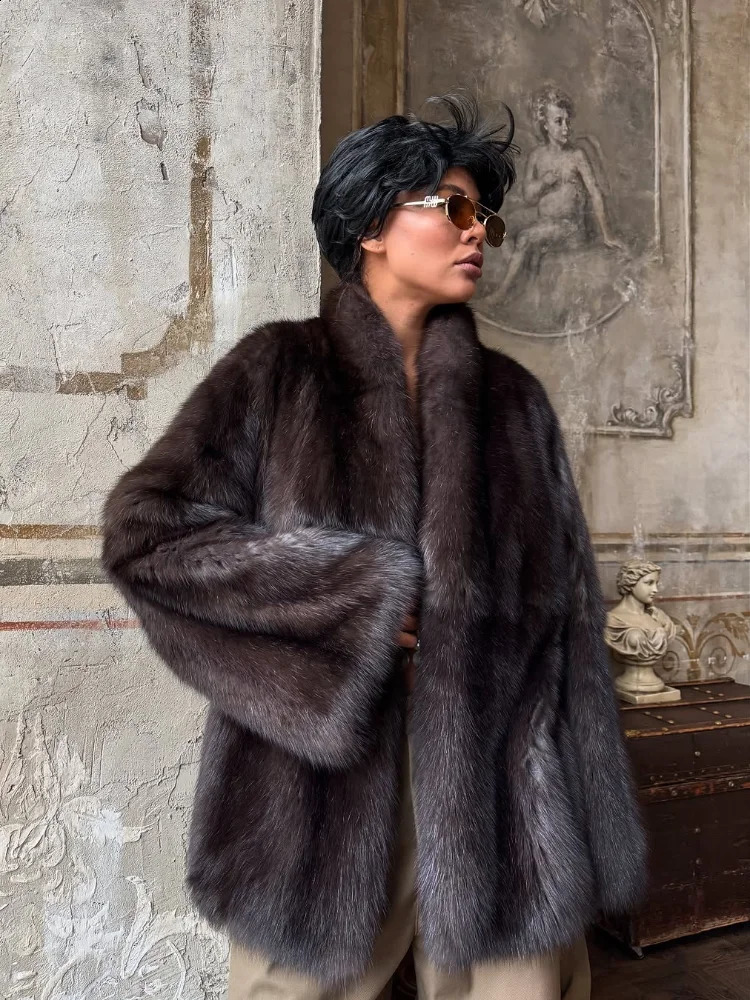Solid Mediumlength Fur Coat Women Elegant Lapel Hidden Button Loose Outerwear Winter Office Lady Commute Overcoat 251209