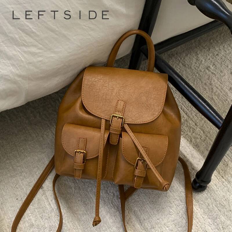 LEFTSIDE Women Small PU Leather Back Pack 2025 Luxury Designer New Brand Trend Female Double Pockets Simple Backpack Handbags