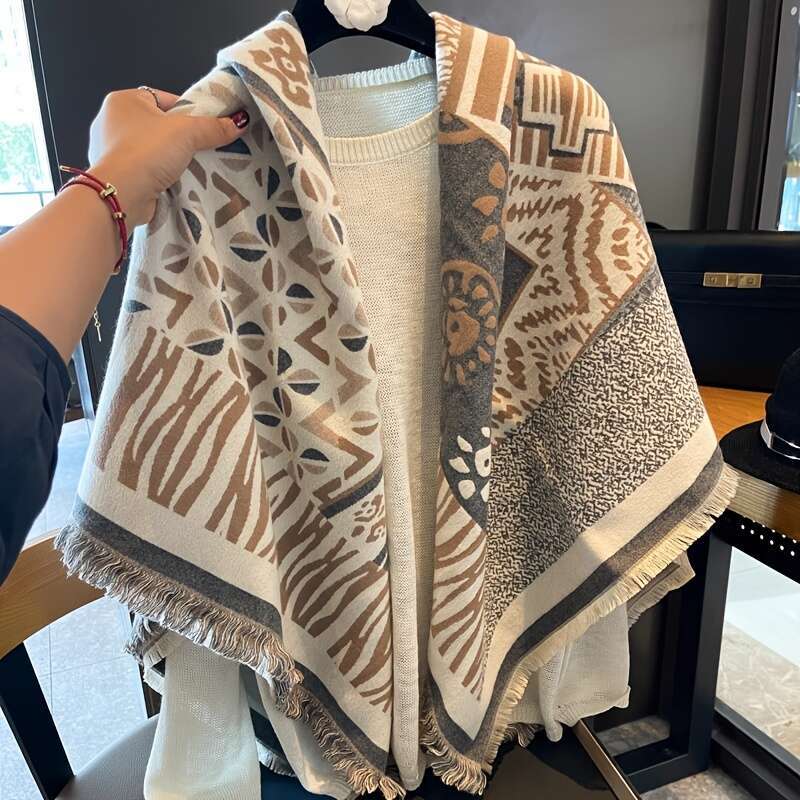 1Pc Women's Large Square Shawl - Dual-Use Fringed Winter Wrap With Geometric Beige/Brown/Black/White Pattern, Soft Short Pile Edges, Non-Elasti