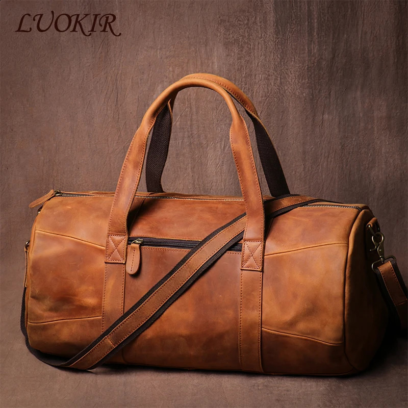 LUOKIR y Genuine Leather Travel Bag Vintage Crazy Horse Cowhide Shoulder Luggage Bag Men Casual Handbag Weekend Duffle Bag 251201