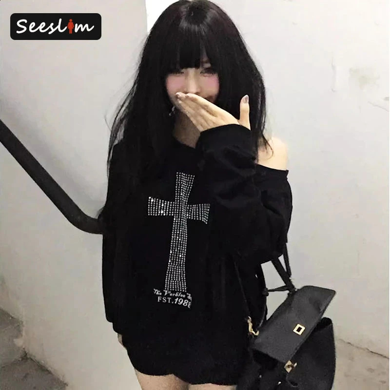 Seeslim Cross Oneshoulder Graphic Hoodies Long Sleeve Black Womens Sweatshirts Harajuku Grunge 2000s Clothes Y2k Autumn Tops 251209
