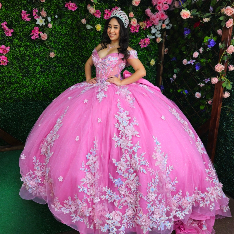 Pink Shiny Quinceanera Dresses Off The Shoulder Applique Lace Beading Bow Tull Corset Party Birthday Sweet 16 Dress Vestidos 15 Anos