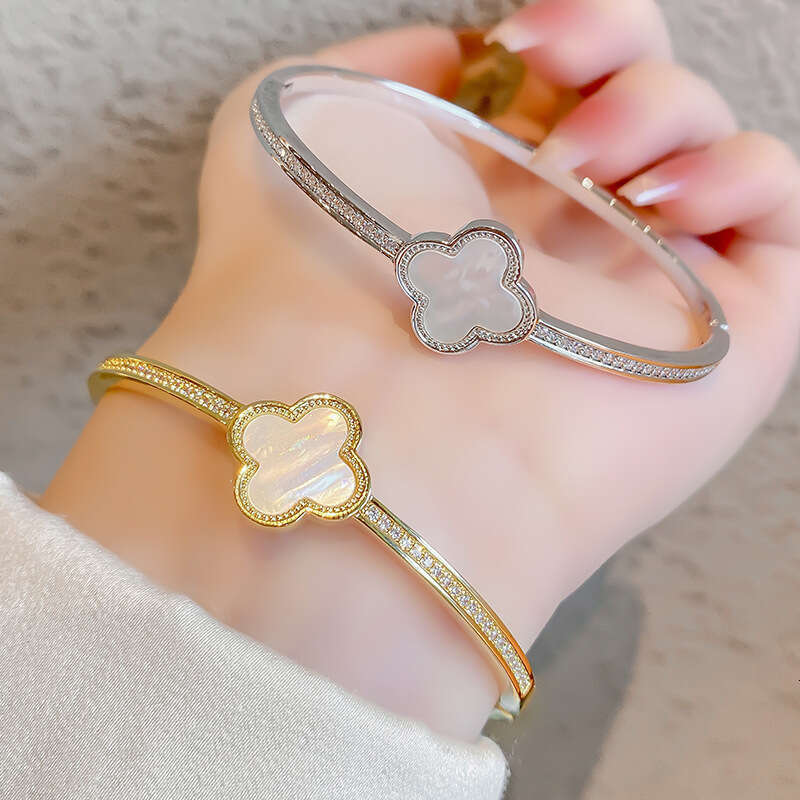 Four-leaf Clover Shell Light Luxury Versatile Micro-inlaid Zircon Copper Plated 18K Real Gold Bracelet