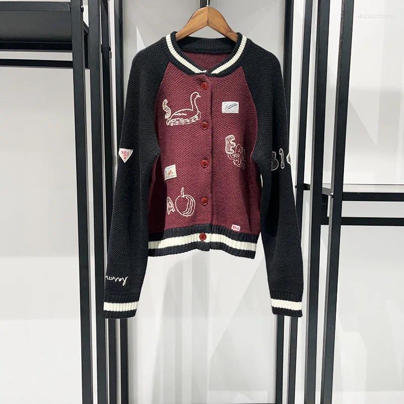 Women's Jackets 2025 Autumn/Winter Retro Knit Baseball Jacket With Embroidered Letters And Color Block Drop Shoulder