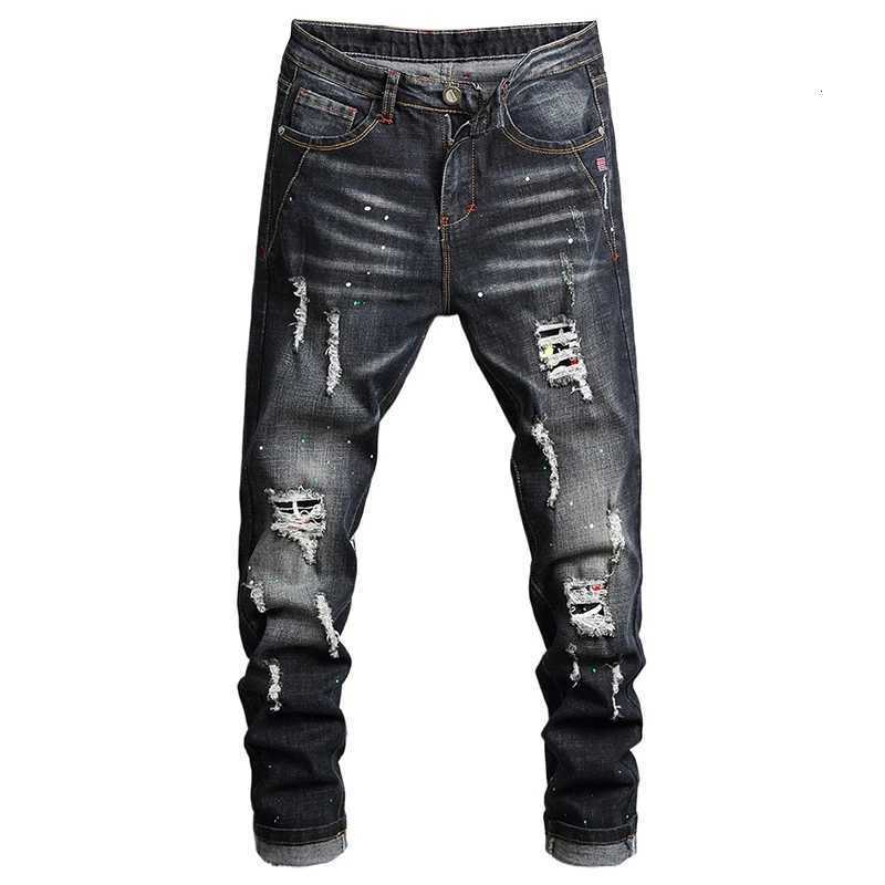 Mens Slim Ripped Jeans Fashion Streetwear Hip Hop Rock Patch Motorcycle Hole Trousers Spring Autumn Denim Pants M251209