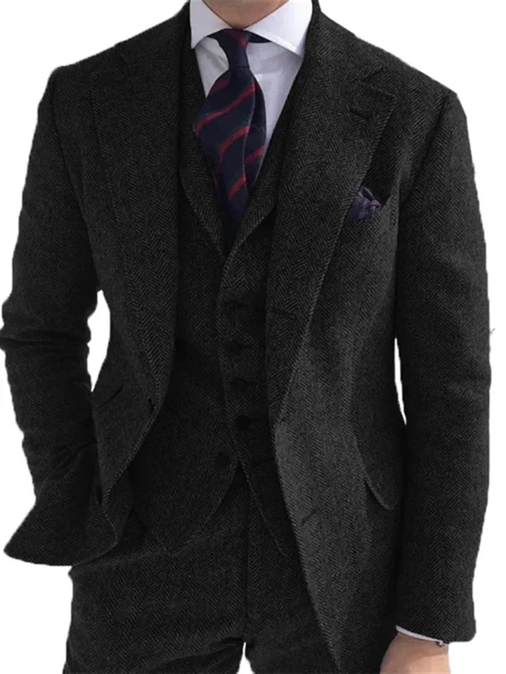 Mens Suits 3 Pieces Green Wool Tweed Herringbone Business Retro Classic PatternTuxedos For Wedding Blazer Pants Vest 251203
