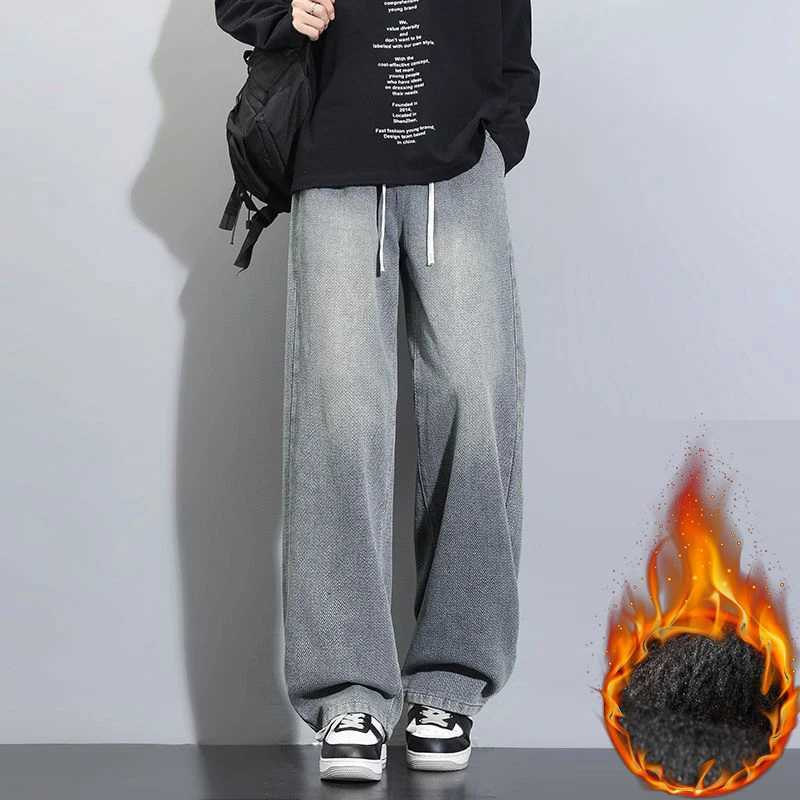 Baggy Men Fleece Lined Jeans Trendy High Street Twear Light Gradient Washed Denim Pants Winter Thick Warm Daily Casual Trousers M251209