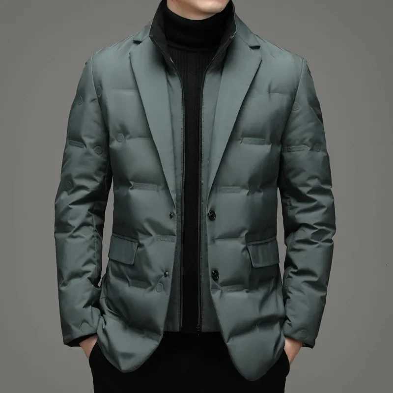 HOO 2026 Mens Winter New Fake Two-Piece Warm blazer Business Leisure Warm Stand-up Collar down Jacket W251209