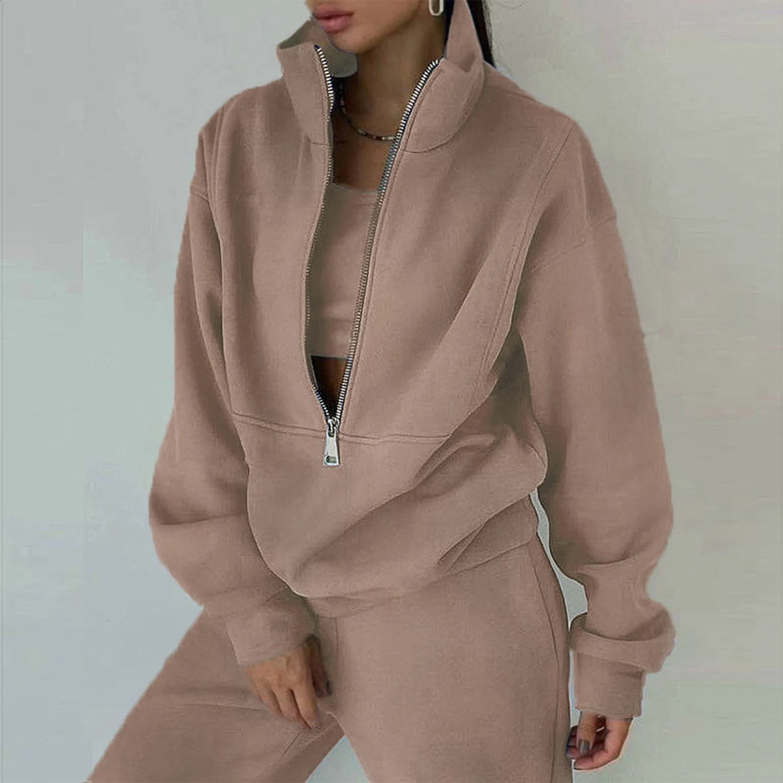 Autumn Winter Zippered Turtleneck Sweatshirt Set 2pc WomenS Sets Tracksuit Sweater Straight Jogging Pant Suits 251209