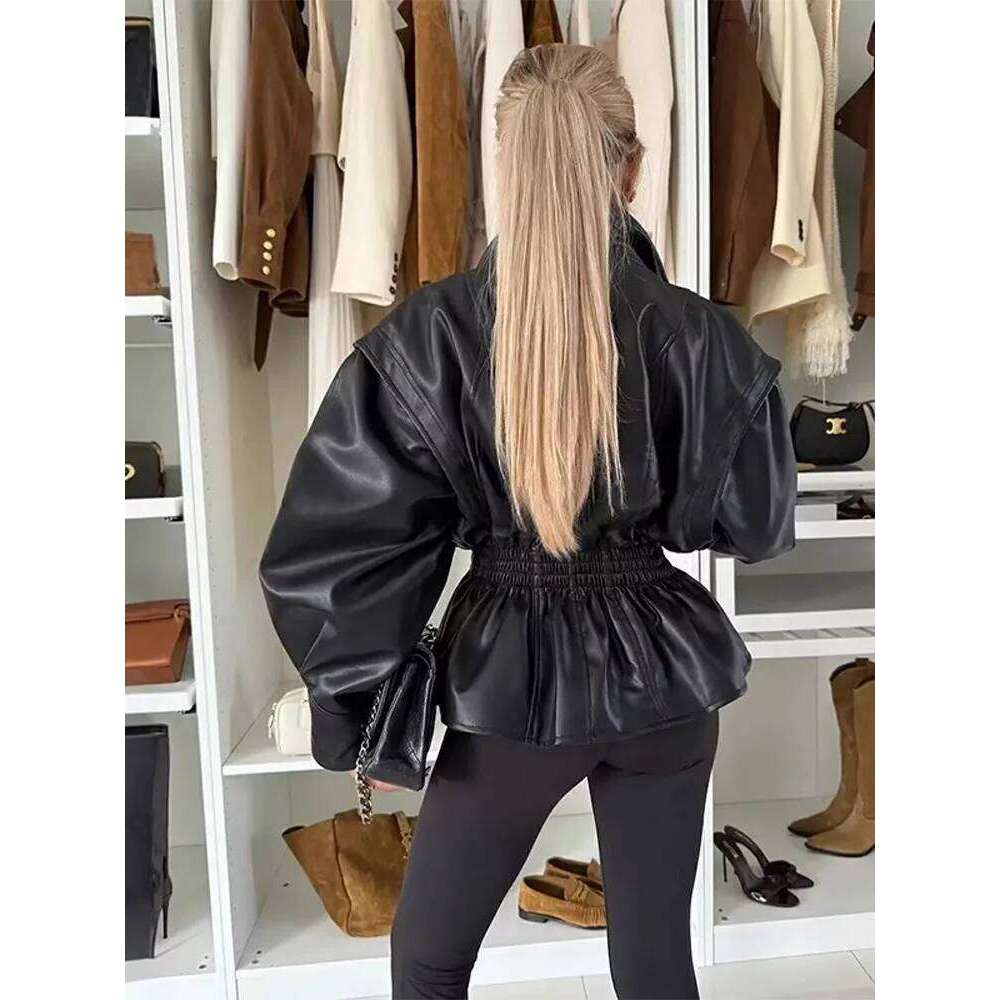 Turn Down Collar Women Winter Faux Leather Coats Autumn Zipper Slim Female Long Sleeve Elastic Waist Jacket Cool Girls Coat Luxury