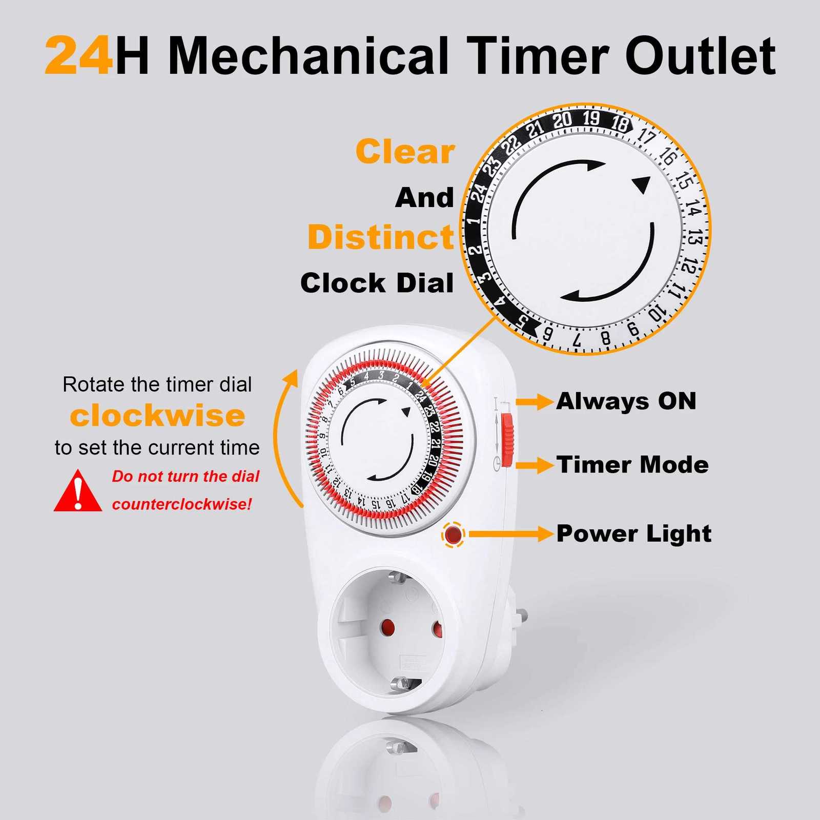 European Mechanical Timer Socket with Plug - Smart Timer Outlet 24-Hour Auto-On/Off 230V 50Hz Plug Powered C251209-image-1087828853
