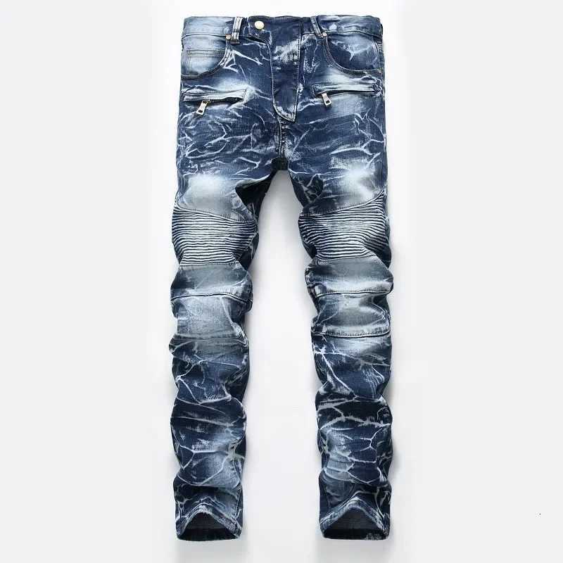 Zipper Pocket Retro Nostalgic Jeans Mens New Style High Street Motorcycle Fashion Stretch Slim Straight Denim Trousers Male M251209
