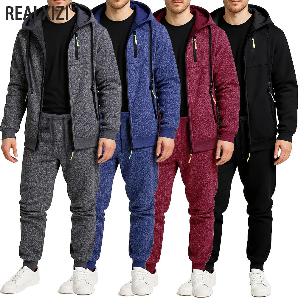 Autumn Two-piece Mens Sportswear Solid Color Daily Hooded Sweatshirt Sweatpants Jogging Suit Zipper Jacket and Pants Set 251205