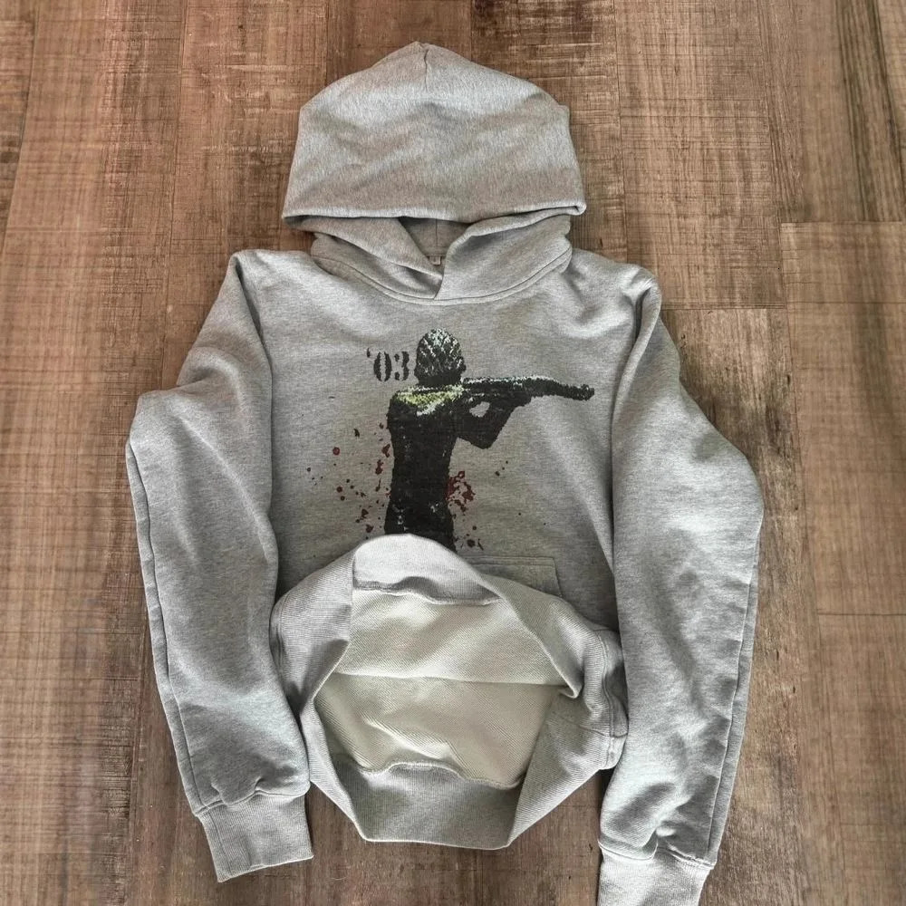Grey Sports Pullover Hoodie Retro Printed Y2K Street Men and Women Fashion Classic Hip Hop Loose Personality Top 251205