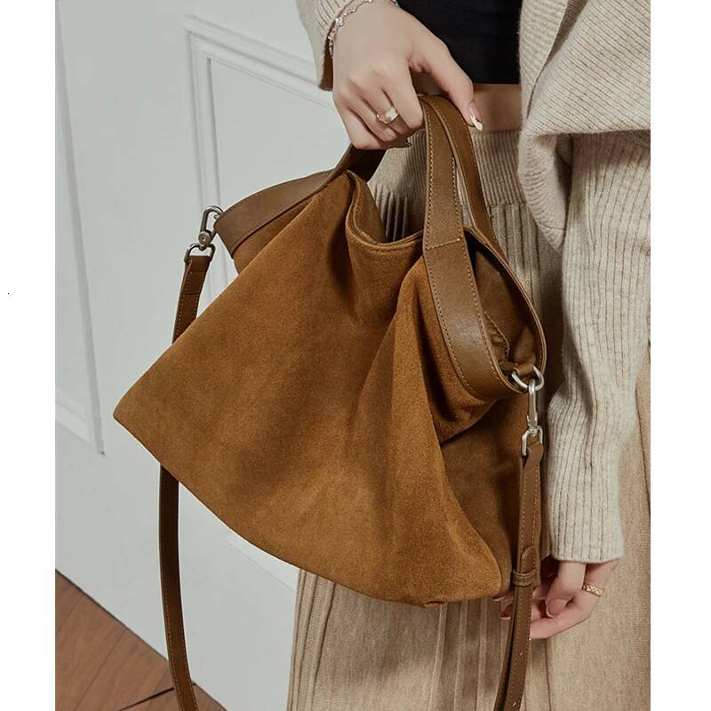 Burminsa Cowhide Suede Genuine Leather Hobo Tote Handbags For Women 2025 Luxury Designer Shopper Ladies Shoulder Crossbody Bags