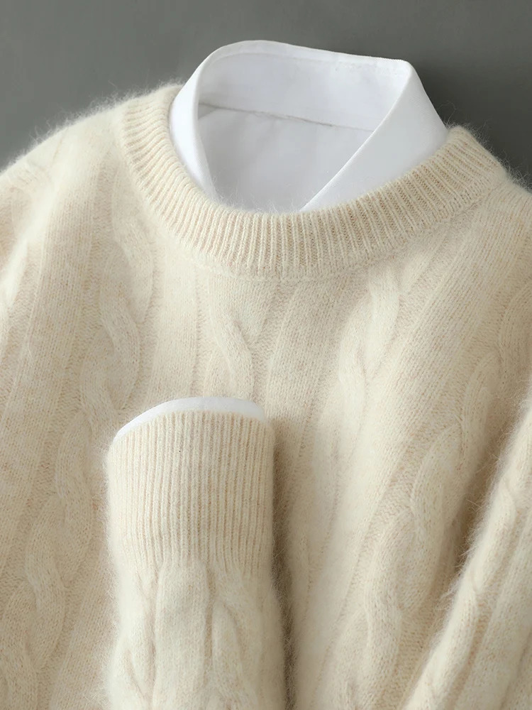 ANGEL Mens O-Neck Sweater Autumn Winter 100 Mink Cashmere Cable Knit Smart Casual Pullover Cashmere Knitwear High Quality Top 251205