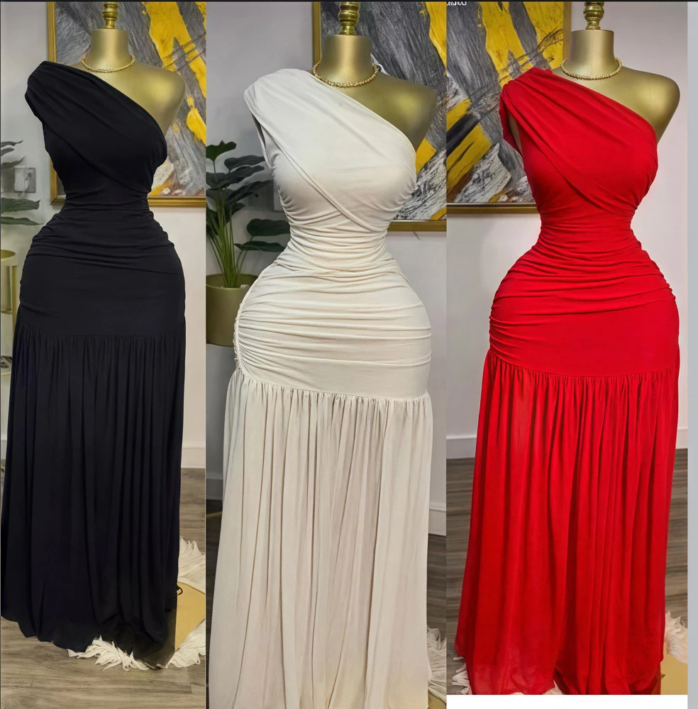 Stylish Evening Sexy Club Party Holiday Maxi Dress for Women Elegant Skew Neck One Sleeve Off Shoulder Mesh Slit Long Dresses 251201