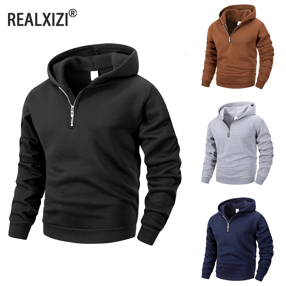Mens Autumn Warm Hooded Sweatshirt Solid Color Half Zipper Sweatshirt Casual Long Sleeve Breathable Streetwear Men Clothing251205