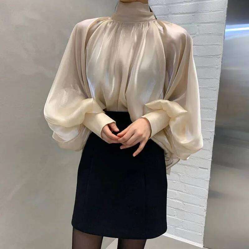 Elegant Style Women Hot Sale All Match Solid Color Blouse Spring High Neck Back Lace Up Temperament Exaggerated Shirt Luxury