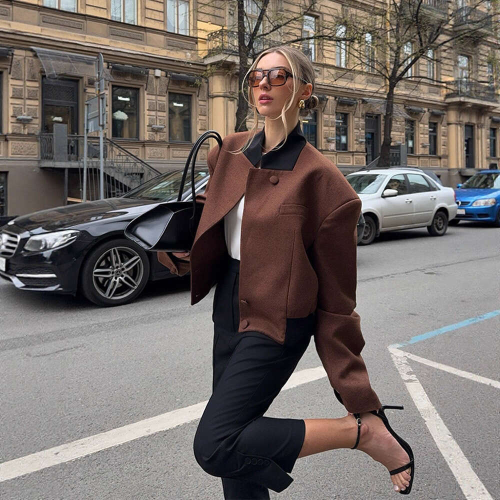 Women's Autumn Winter New European And American Style Solid Color Elegant Padded Shoulder Commuter Versatile Short Jacket Coat B5